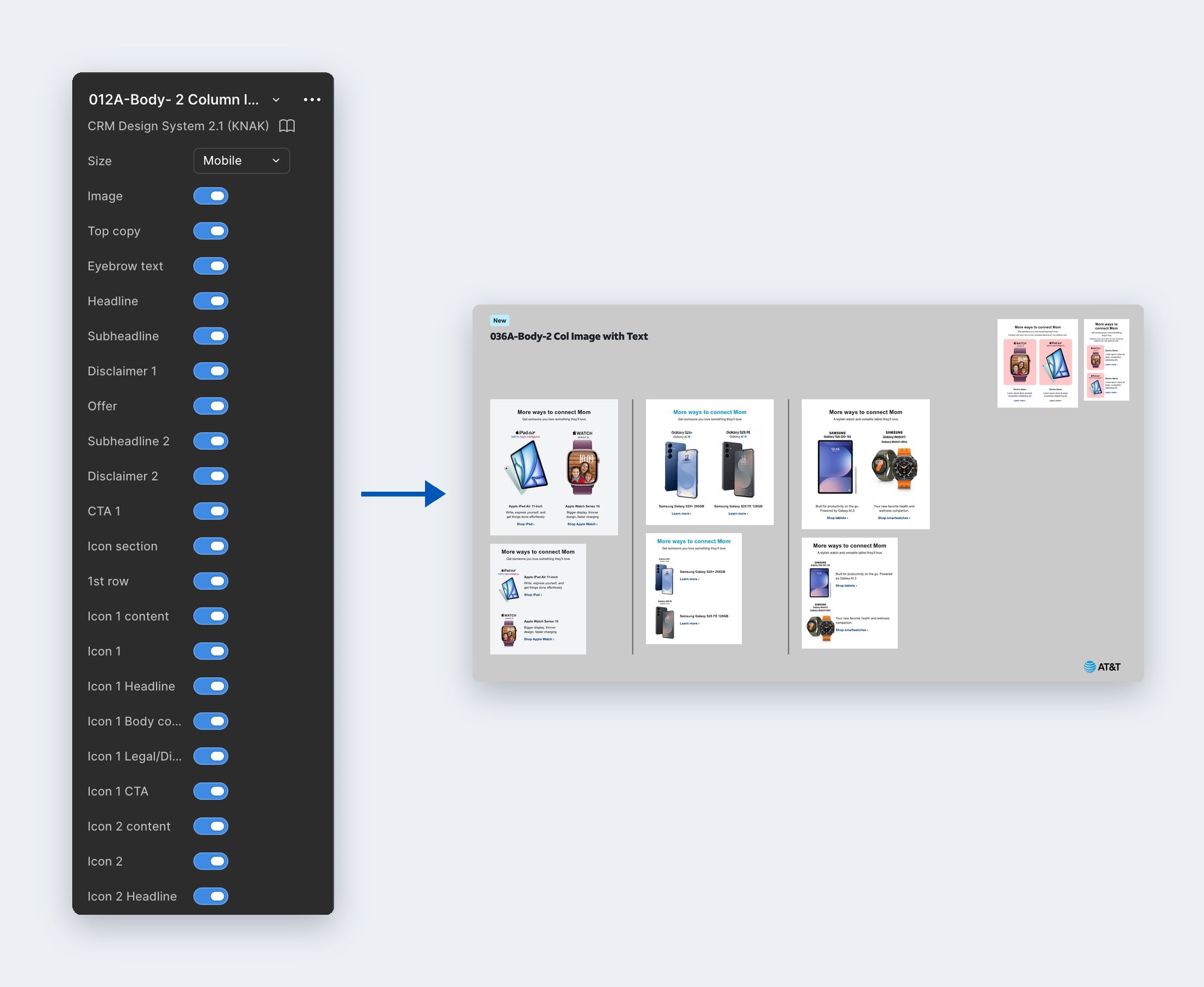 Figma component properties panel and the module variations it produces