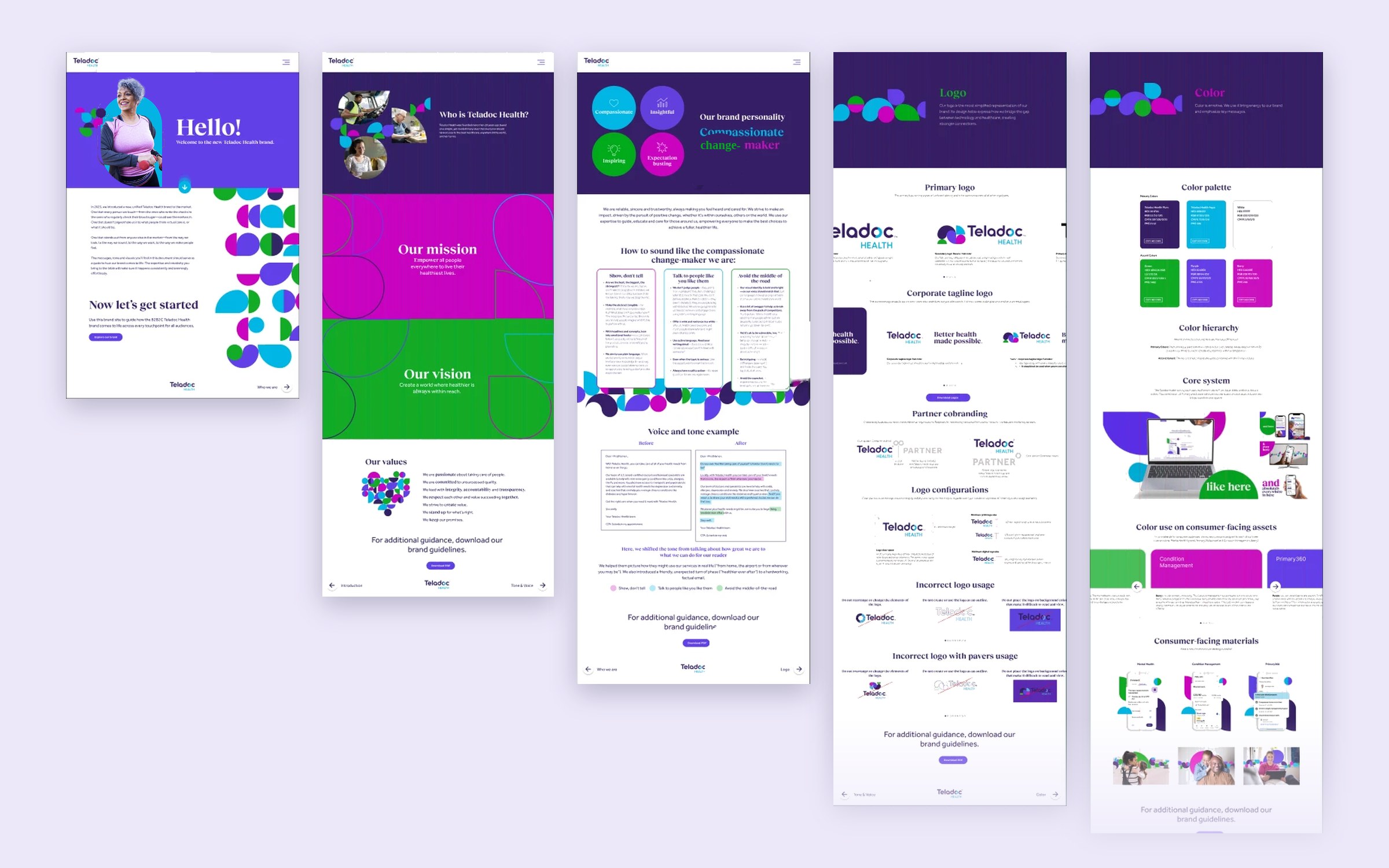 Teladoc Health brand site pages: Intro, Who we are, Tone and voice, Logo, Color