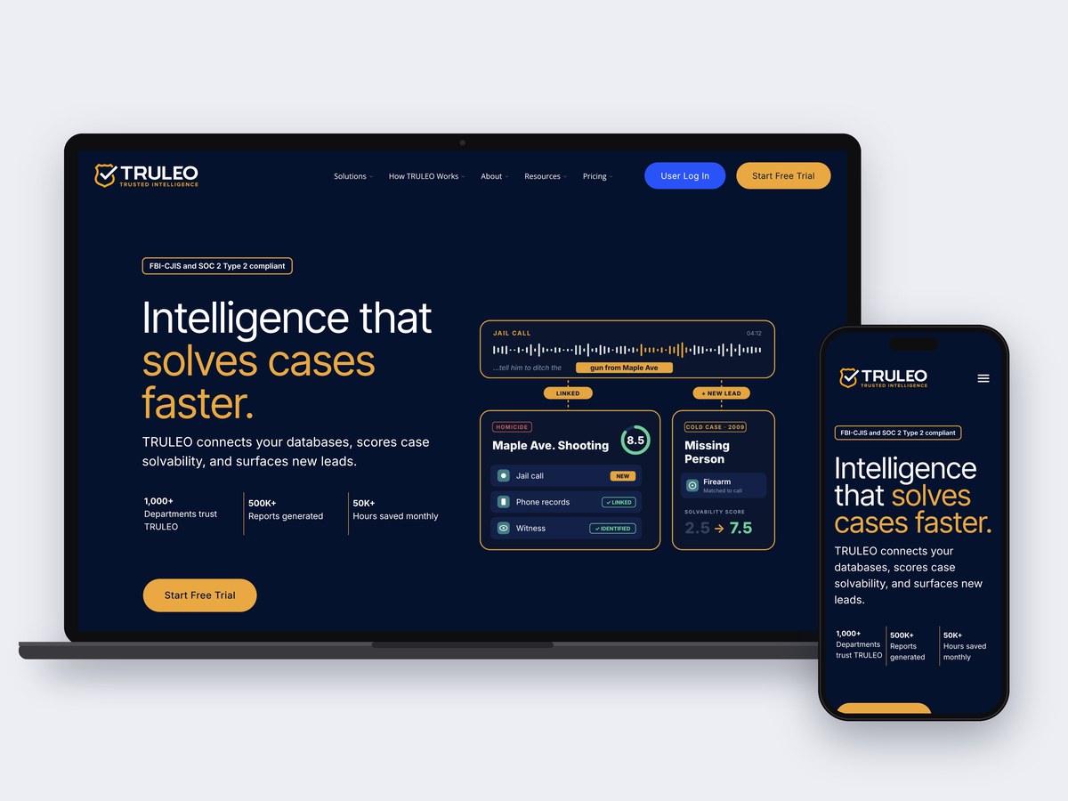 Truleo homepage redesign on laptop and phone